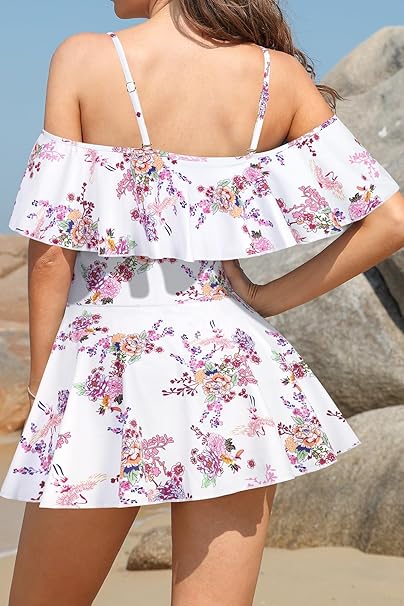 Women's One Piece Swimdress Off-Shoulder Ruffled Flounce Swim Skirt Ruched Swimsuit