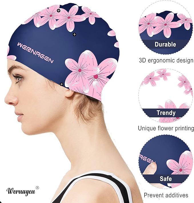 Swim Cap, Women Swimming Cap Soft Silicone Swim Caps for Long Hair Anti Slip Swimming Caps Waterproof Bathing Caps for Womens Youth Adult