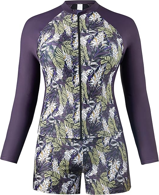Wantdo Women's Plus Size Two Piece Rash Guard Swimsuit Long Sleeve Swim Shirt Zip Front Bathing Suit with Boyshorts