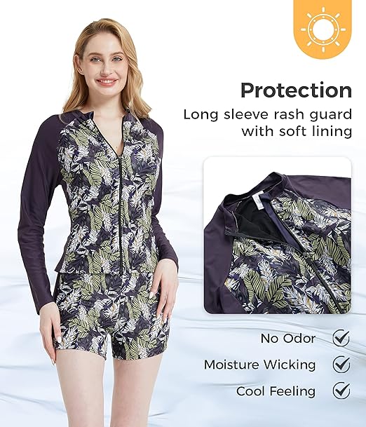 Wantdo Women's Plus Size Two Piece Rash Guard Swimsuit Long Sleeve Swim Shirt Zip Front Bathing Suit with Boyshorts