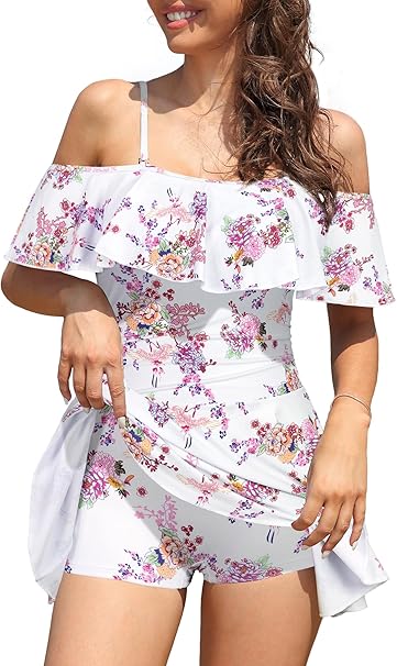 Women's One Piece Swimdress Off-Shoulder Ruffled Flounce Swim Skirt Ruched Swimsuit