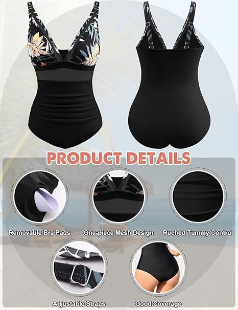 Women's One Piece Swimsuits Mesh Tummy Control Swimming Costume V Neck Swimwear Bathing Suit with Adjustable Straps